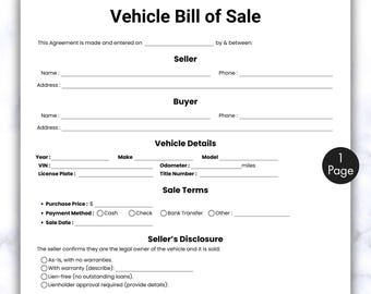 Simple Vehicle Bill of Sale, One Page Motor Vehicle Sale Contract, Printable & Editable Vehicle Bill of Sale Template, Motorcycle Bill Sale