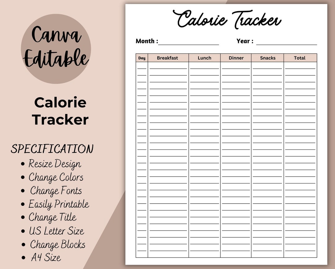 Calorie Tracker Printable Monthly Calorie Tracker Low Calorie Diet Calorie Tracker Printable Monthly Calorie Tracker Low Calorie Diet