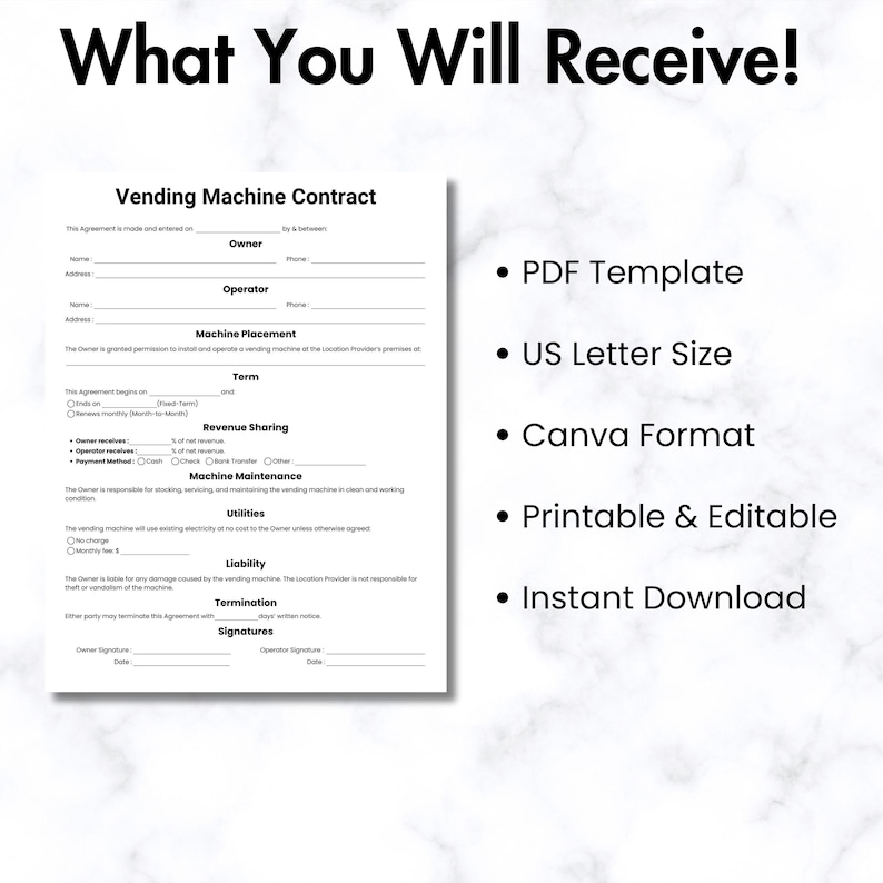 Simple Vending Machine Contract, One Page Vending Rental Form Template ...