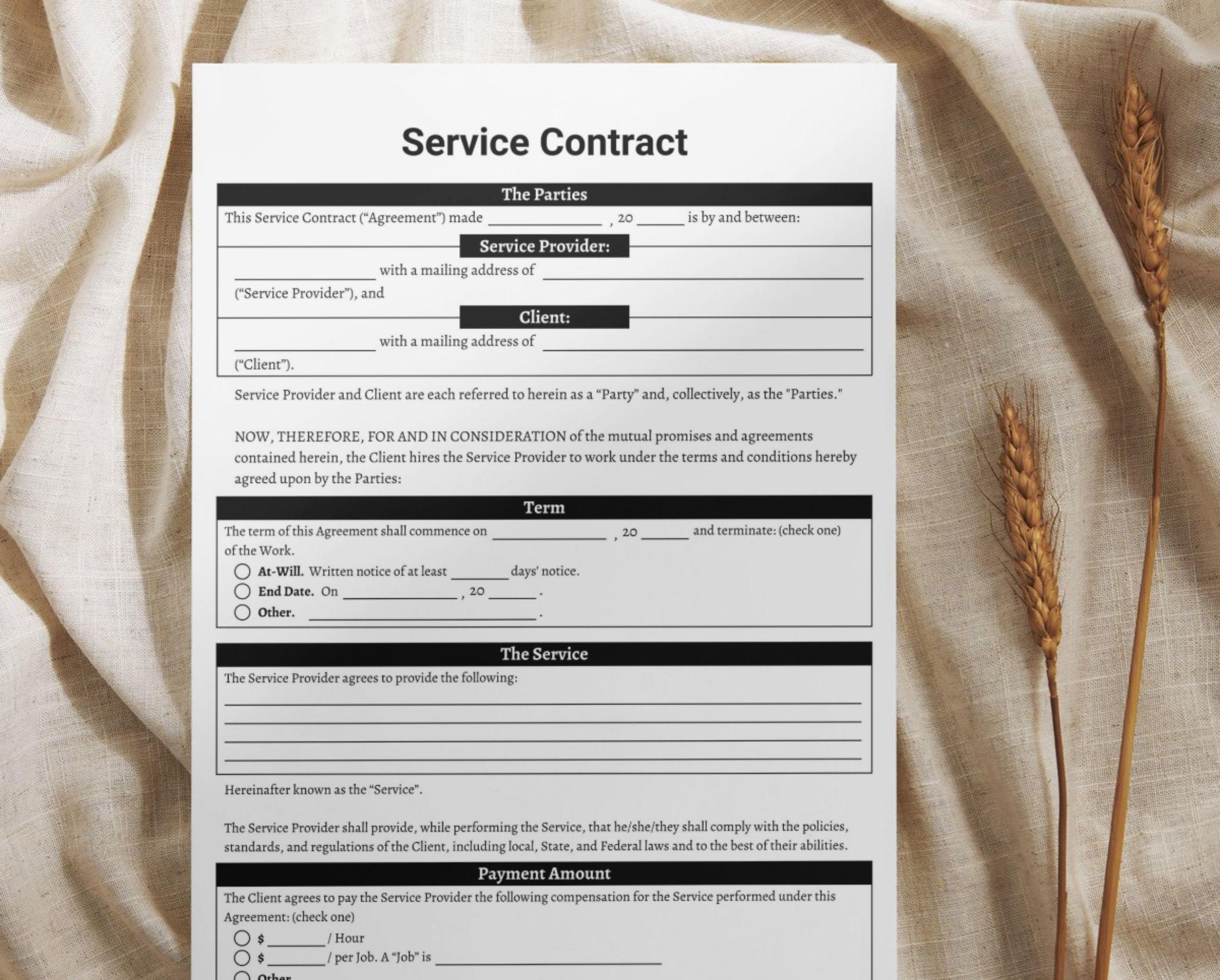 Service Contract Form, Printable Services Contract Agreement, Editable ...