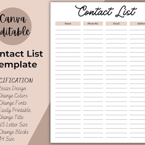 Contact List, Printable Address Book, Print at Home Insert, Simple A4 and Letter size phone, email contact information sheet,  address log
