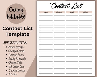 Contact List, Printable Address Book, Print at Home Insert, Simple A4 and Letter size phone, email contact information sheet,  address log