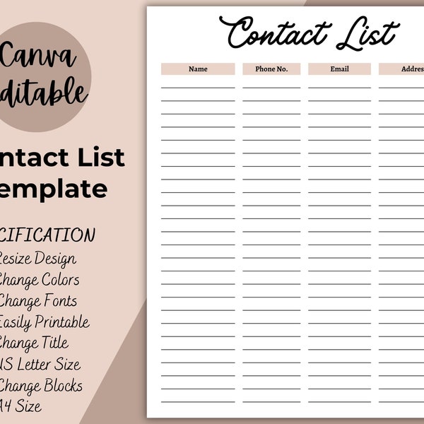 Contact List, Printable Address Book, Print at Home Insert, Simple A4 and Letter size phone, email contact information sheet,  address log