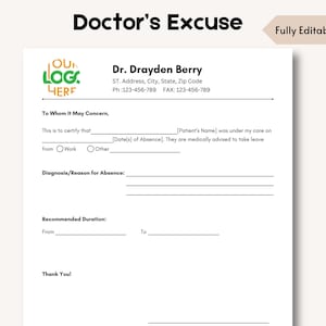 Note d&#39;excuse du docteur, lettre d&#39;excuse du docteur, modèle de docteur pour le travail, notes du docteur, lettre d&#39;excuse, modifiable sur Canva, téléchargement immédiat