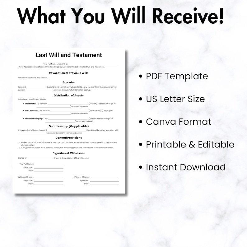 Simple Last Will and Testament, One Page Testament Form, Printable ...