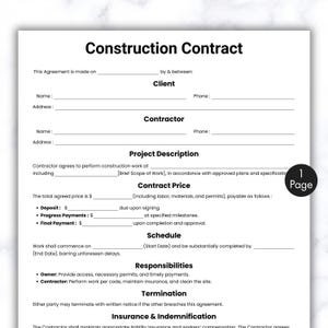 Op de afbeelding: Een zwart-witte sjabloon voor een bouwcontract met de titel "Construction Contract" bovenaan. Het document bevat secties voor klant- en aannemerinformatie, projectbeschrijving, contractprijs, planning, verantwoordelijkheden, beëindiging en verzekering en vrijwaring.