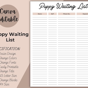 Editable Puppy Waiting List Sign Up Sheet, PRINTABLE Sign Up, Event Sign Up, Sign In Sheet, Daily Task List A4, Letter, Instant Download