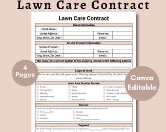 Lawn Care Agreement, Service Contract, Landscaping Contract, Garden Care Agreement, Agreement Template, Editable Template , Instant Download