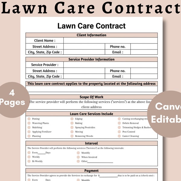 Lawn Care Agreement, Service Contract, Landscaping Contract, Garden Care Agreement, Agreement Template, Editable Template , Instant Download