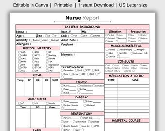 Nurse Report Sheet, Editable ICU Nurse Brain Sheet, Printable Single Reporting Template, Nurses Resources, Med Surg, Medication Tracker