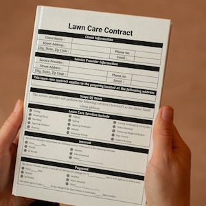 May include: A white and black "Lawn Care Contract" booklet is held in front of a neutral background. The contract includes sections for client and service provider information, scope of work, and payment details. The booklet is open, displaying the contract's contents.