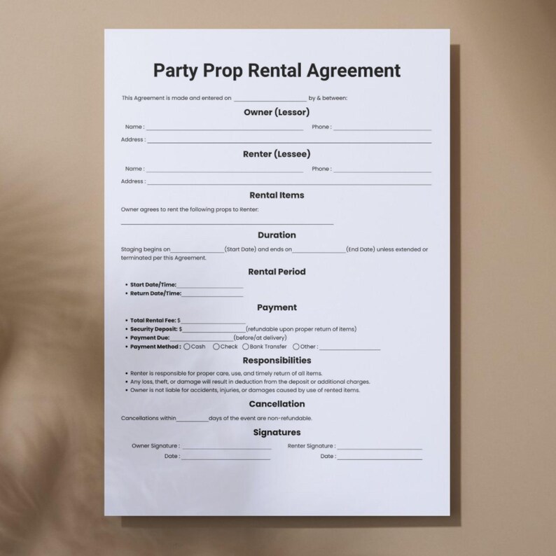 Tyson Prop Rent Form.pdf Simple Party Prop Rental Agreement, One Page Event Decor Contract Form ...