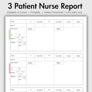 3 Patient Nurse Report Sheet Editable Patient Report Sheet Brain Sheet Nursing Med Surg Report Sheet ICU Nursing Handoff New Grad Rn Report