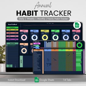 May include: A digital screen displaying a Google Sheets spreadsheet with a colorful habit tracker. The spreadsheet has 14 tabs for daily, weekly, monthly, and yearly habit tracking. The text "Annual Habit Tracker" is displayed at the top of the screen.