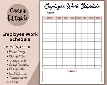 Employee Work Schedule, Printable Employee Time Sheet, Employee Schedule, Employee Scheduling, Employee Organizer, Editable Work Organizer