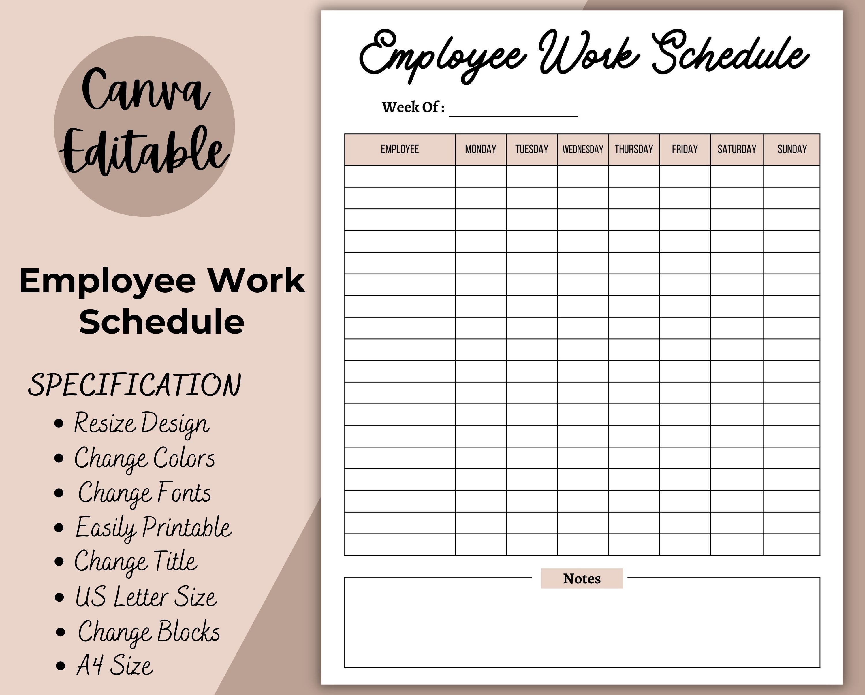 Employee Work Schedule Printable Employee Time Sheet Etsy