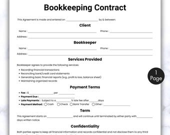 Einfacher Buchhaltungsvertrag, einseitige freiberufliche Buchhalter-Formvorlage, druckbare und bearbeitbare Buchhaltungsdienstleistungsvereinbarung, Canva