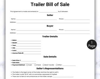 Simple Trailer Bill of Sale, One Page Trailer Contract, Printable & Editable Trailer Agreement, Motor Vehicle Bill of Sale, Instant Download