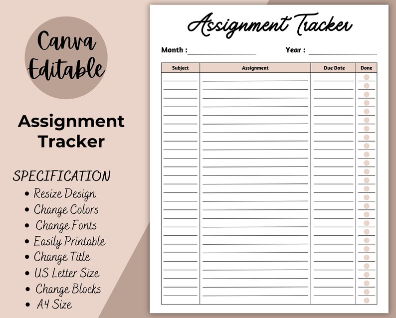 Assignment Tracker Printable Planner Table Assignments Etsy