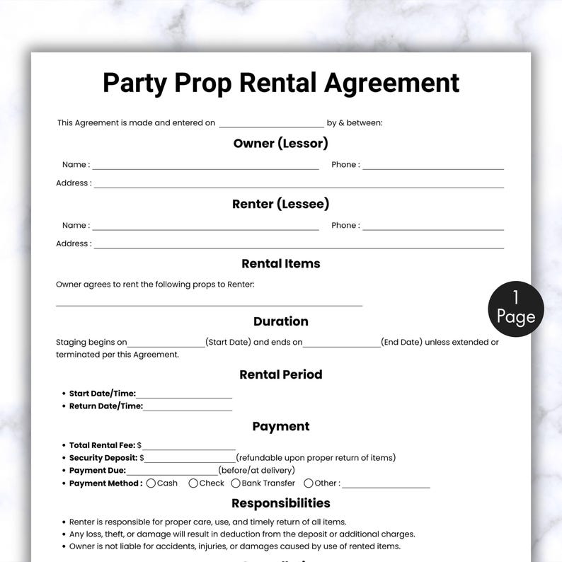 Prop Contract Simple Party Prop Rental Agreement, One Page Event Decor Contract Form ...
