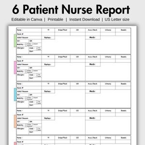 6 Patient Nurse Report Editable & Printable Patient Report Sheet Brain Sheet Nursing Med Surg Report ICU Nursing Handoff New Grad Rn Report