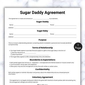 Könnte beinhalten: Ein weißes Dokument mit dem Titel „Sugar Daddy Agreement“ mit Abschnitten für Namen, Adressen und Telefonnummern. Die Vereinbarung umreißt die Bedingungen der Beziehung, Grenzen, Erwartungen, Vertraulichkeit und eine freiwillige Vereinbarung. Das Dokument ist mit „1 Seite“ gekennzeichnet.