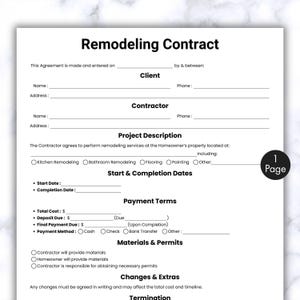 Simple Remodeling Contract, One Page Home Renovation Contract Form Template, Printable & Editable Construction Services Contract, Canva