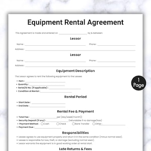 Simple Equipment Rental Agreement Template, One Page Lease Equipment, Printable & Editable Event Equipment Contract, Professional Form