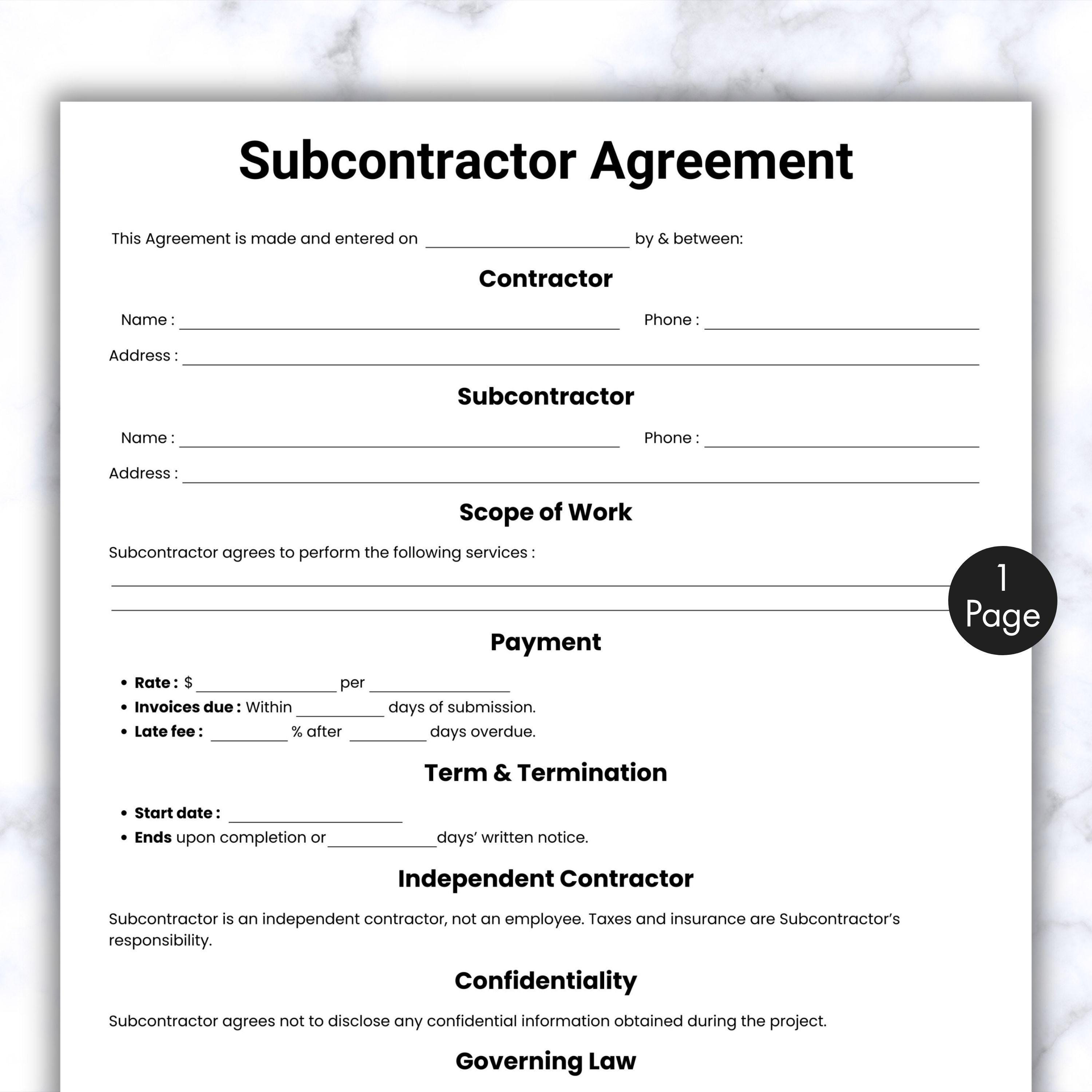 Simple Subcontractor Agreement Template, One Page Independent contract Form, Printable & Editable Job Subcontractor Agreement form PDF