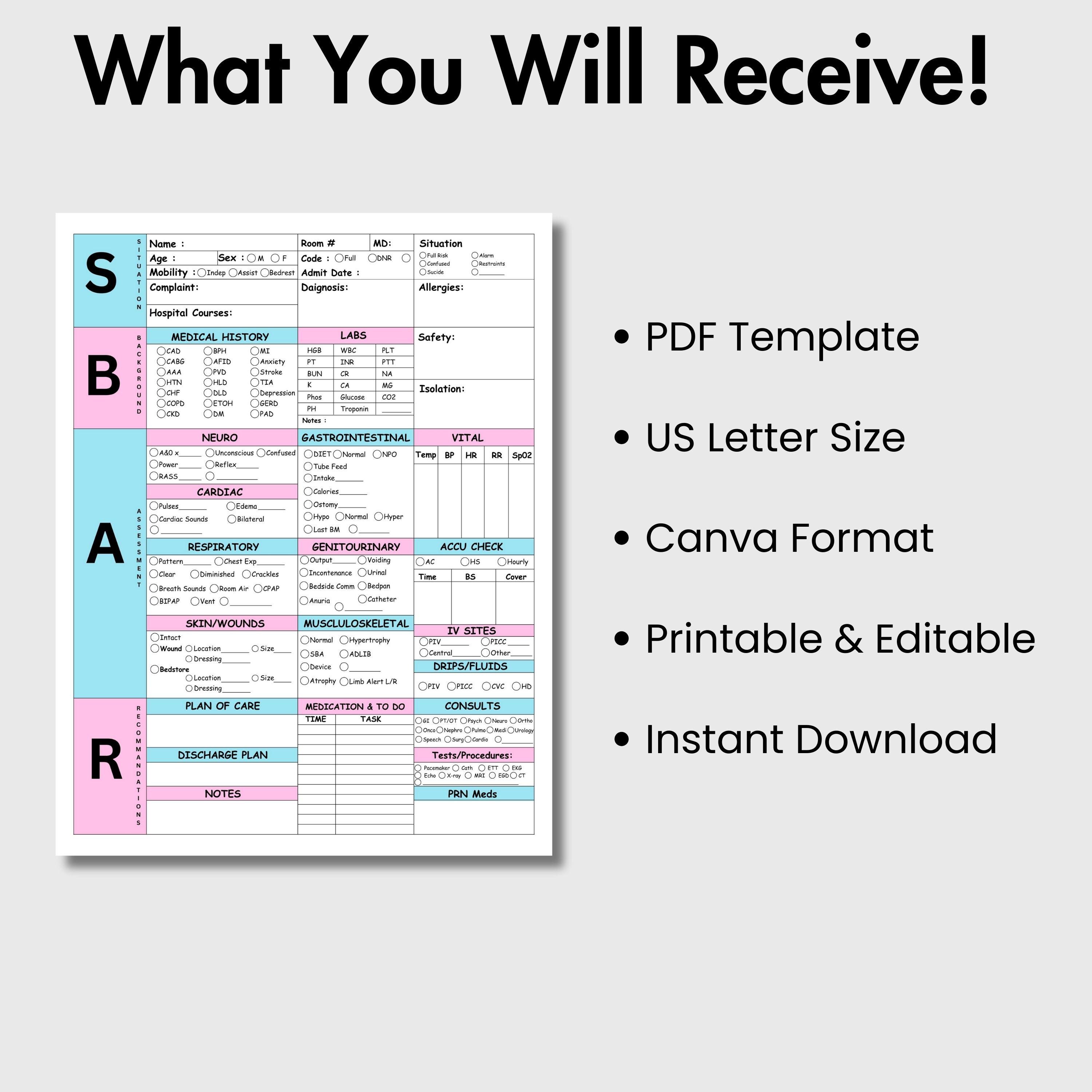 SBAR Nurse Report Sheet | Editable Handoff Template | Printable Nursing ...