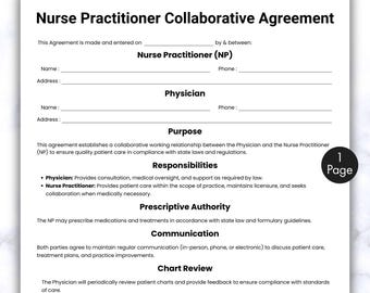Simple Nurse Practitioner Collaborative Agreement, One Page Healthcare Form, Printable & Editable Nurse Practitioner Collaboration Contract