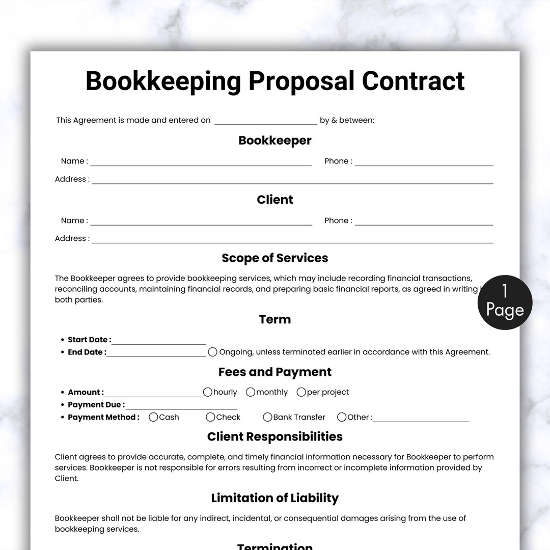 Simple Bookkeeping Proposal Contract, One Page Bookkeeping Client ...