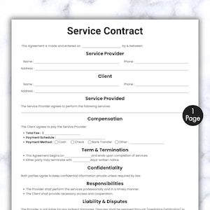 May include: A black and white printable service contract template with the title "Service Contract". The contract includes sections for the service provider and client information, service provided, compensation, term and termination, confidentiality, responsibilities, and liability and disputes.