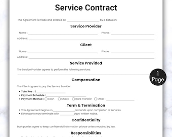 Einfache Servicevertragsvorlage, einseitige Servicevertragsvereinbarung, druckbarer & bearbeitbarer Geschäftsvertrag, Serviceumfang Forms