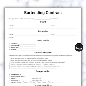 May include: A white Bartending Contract document with black text. The contract includes sections for client and bartender information, event details, services provided, and compensation. A small circle in the corner indicates "1 Page".