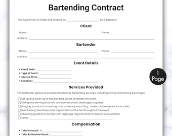 Einfacher Barvertrag, einseitige Barkeeper-Vereinbarungsvorlage, druckbares und bearbeitbares Ereignisserviceformular, mobiler Barvertrags-Barkeeper