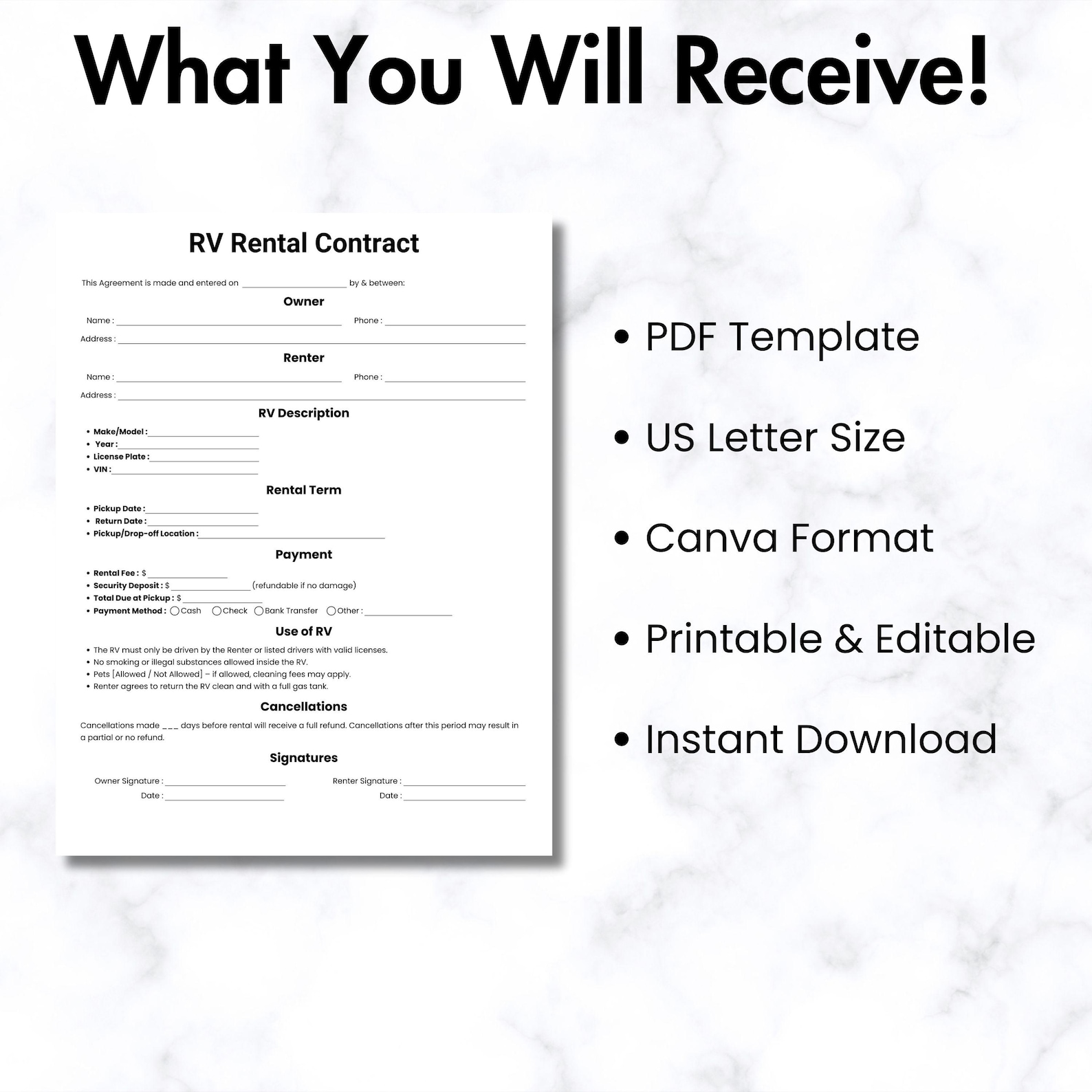 Personal Rv Rental Form Simple RV Rental Agreement, One Page Motorhome Contract, Printable ...