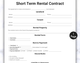Simple Short Term Rental Contract, One Page Airbnb Contract Form Template, Printable & Editable House Rental Services Agreement, Room Rental