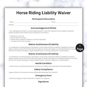 Puede incluir: Un formulario de renuncia de responsabilidad para montar a caballo en blanco y negro. El documento incluye secciones para la información del participante, el reconocimiento de riesgos, la renuncia y liberación de responsabilidad, la condición de salud, el cumplimiento de la seguridad y la atención de emergencia. El formulario es de una página.