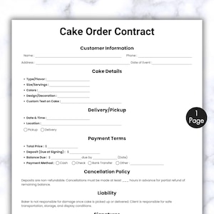 May include: A white Cake Order Contract with black text. The contract includes sections for customer information, cake details, delivery/pickup, payment terms, cancellation policy, and liability. A small circle with the number "1" and the word "Page" is in the bottom right corner.