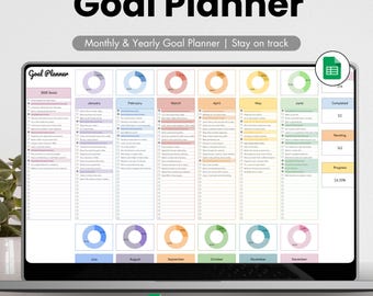 Monthly and Yearly Goal Planner, Annual Goal Tracker, Productivity Planner, Self Improvement, Task Tracker, Personal Growth Google Sheets