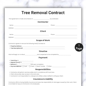 Simple Tree Removal Contract, One Page Tree Removal Service Form, Printable & Editable Agreement for Tree Removal, Instant Digital Download