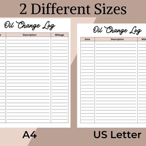 Oil Change Log, Printable Oil Change Tracker, Oil Filter Sheet, Oil Change Record, Vehicle Log ...