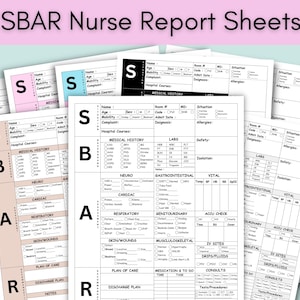 May include: A set of printable SBAR nurse report sheets. The sheets are organised by the SBAR acronym: Situation, Background, Assessment, and Recommendation. Each sheet includes sections for patient information, medical history, labs, vital signs, and more.