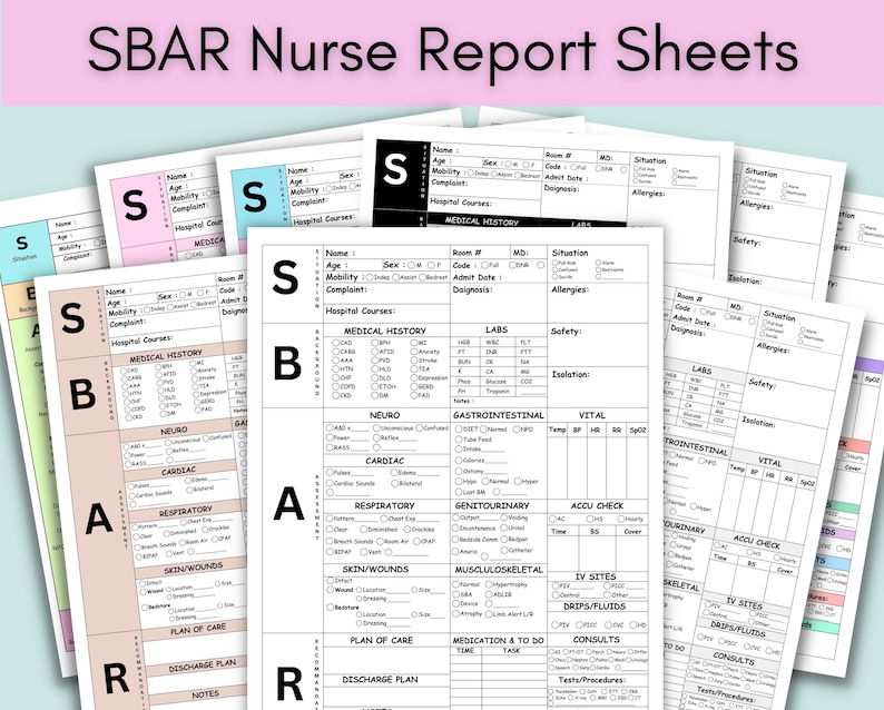 May include: A set of printable SBAR nurse report sheets. The sheets are organised by the SBAR acronym: Situation, Background, Assessment, and Recommendation. Each sheet includes sections for patient information, medical history, labs, vital signs, and more.