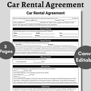 Car Rental Agreement, Car Rental Contract | Printable Vehicle Lease Contract | Vehicle Rental | Canva Editable File | Instant Download