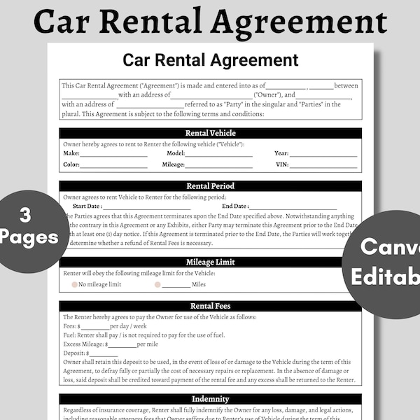 Contrat de location de voiture, Contrat de location de voiture | Contrat de location de véhicule imprimable | Location de véhicules | Fichier modifiable Canva | Téléchargement instantané