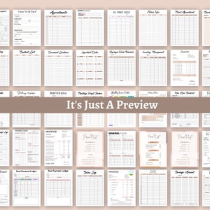 Pu&ograve; includere: Una raccolta di pagine di pianificatore stampabili con una variet&agrave; di layout e design. Le pagine includono sezioni per appuntamenti, liste di cose da fare, budget e altro ancora. Le pagine sono progettate in uno stile minimalista con uno schema di colori rosa chiaro e marrone. Il testo "It's Just A Preview" &egrave; stampato sulla pagina.