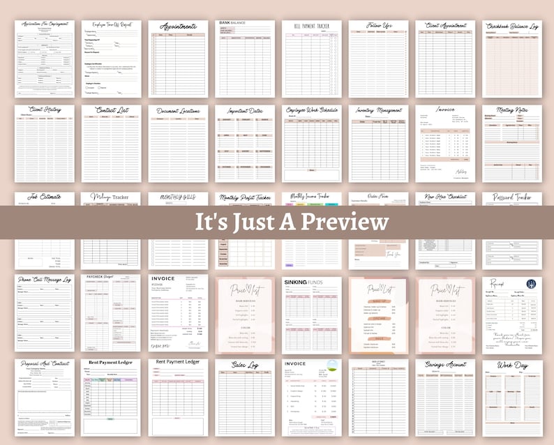 Pu&ograve; includere: Una raccolta di pagine di pianificatore stampabili con una variet&agrave; di layout e design. Le pagine includono sezioni per appuntamenti, liste di cose da fare, budget e altro ancora. Le pagine sono progettate in uno stile minimalista con uno schema di colori rosa chiaro e marrone. Il testo "It's Just A Preview" &egrave; stampato sulla pagina.