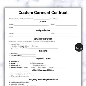 Può includere: Un modulo bianco di Contratto di Abbigliamento Personalizzato con testo nero. Il modulo include sezioni per le informazioni sul cliente e sul designer, la descrizione del servizio, la cronologia e i termini di pagamento. Il testo "Custom Garment Contract" è in alto.